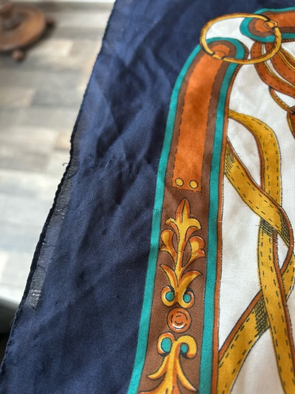 Vintage Fernand Aubry Equestrian Silk Scarf has stains wear old school money